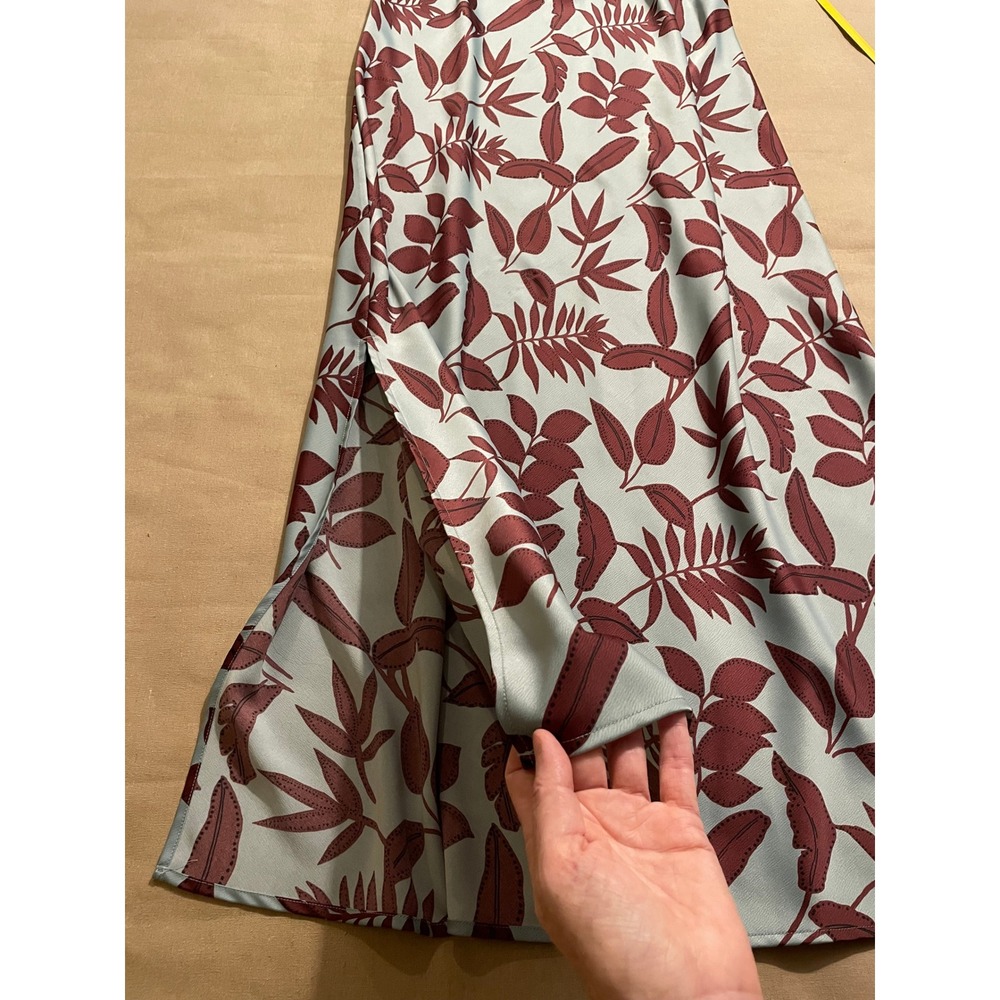 Anthropologie Maxi Slip Dress Size 1X Mint Green Brown Botanical Satin Leg Slit - Picture 9 of 14